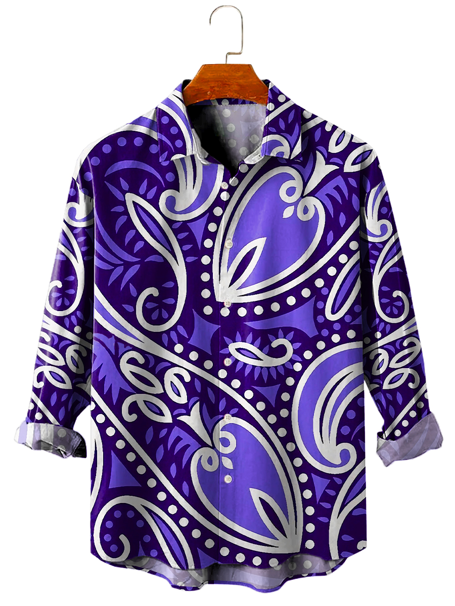 Men's Hawaiian Shirt Dense Paisley Floral Print Casual Vacation Oversized Long Sleeve Shirt