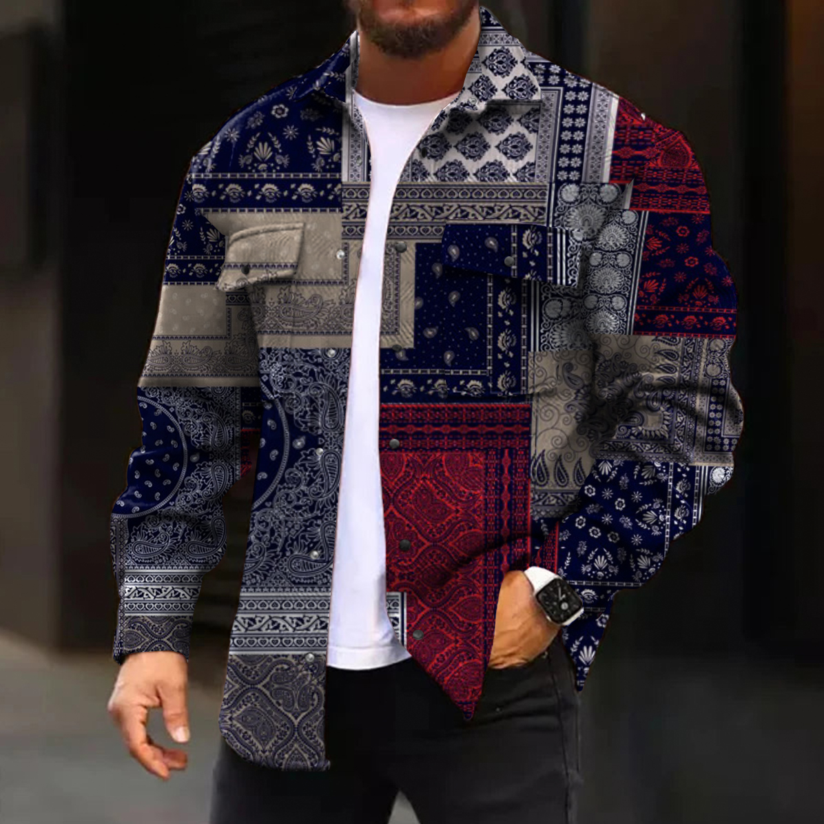 Men's Casual Jacket Fashion Paisley Splicing Printed Long Sleeve Pocket Jacket