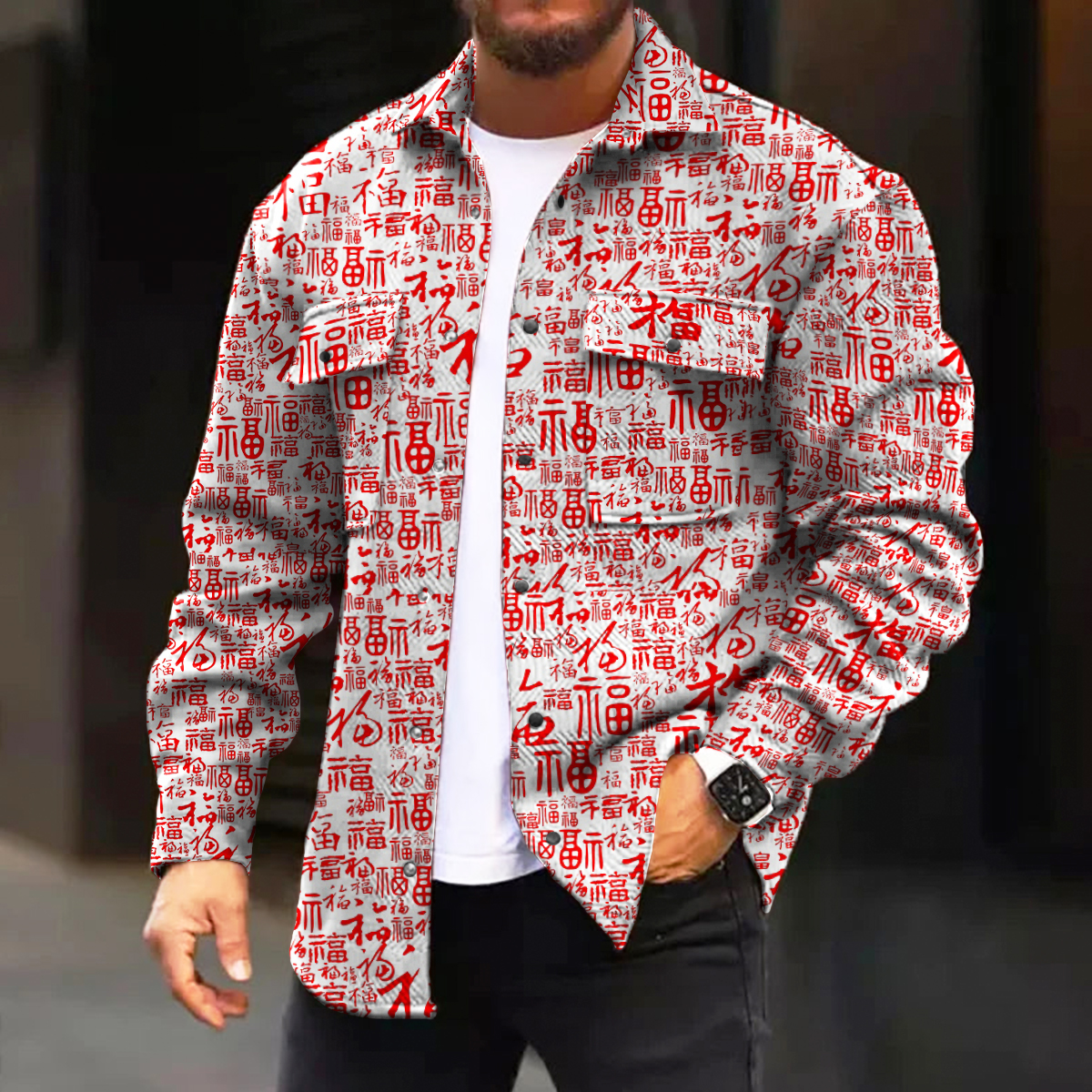 Men's Casual Jacket Retro Fu Pattern Print Long Sleeve Pockets Jacket