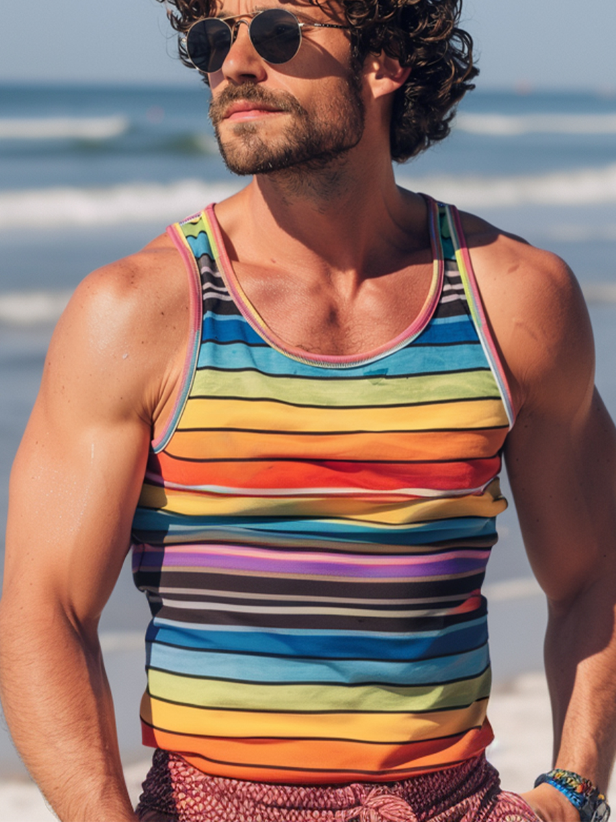 Men's Tank Top Rainbow Stripes Art Print Crew Neck Tank T-Shirt