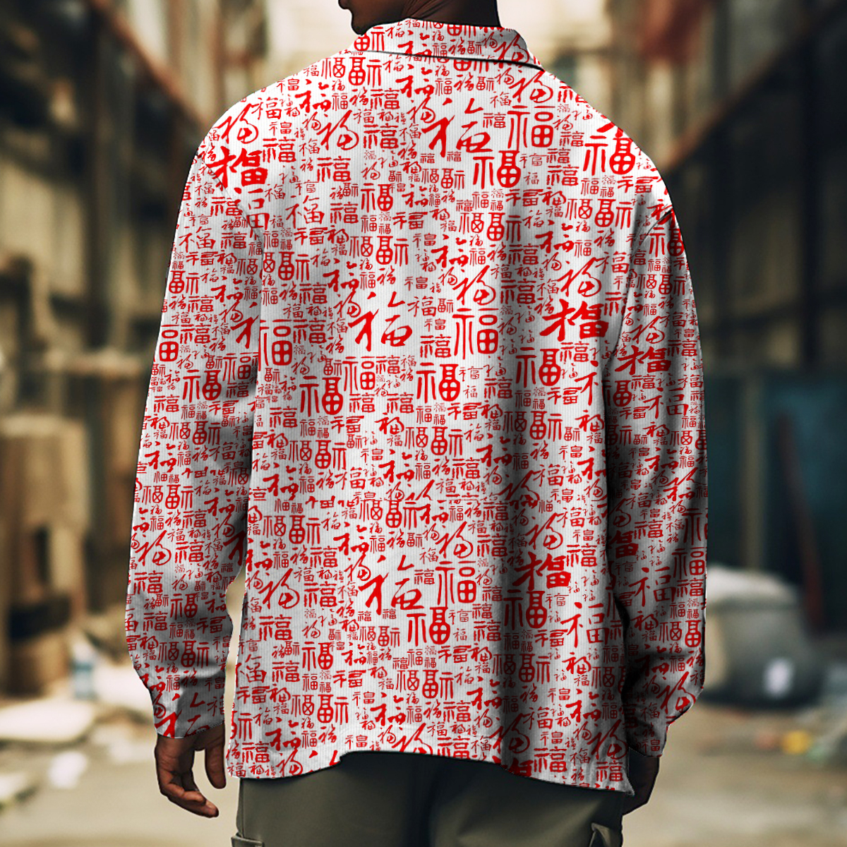 Men's Casual Jacket Retro Fu Pattern Print Long Sleeve Pockets Jacket