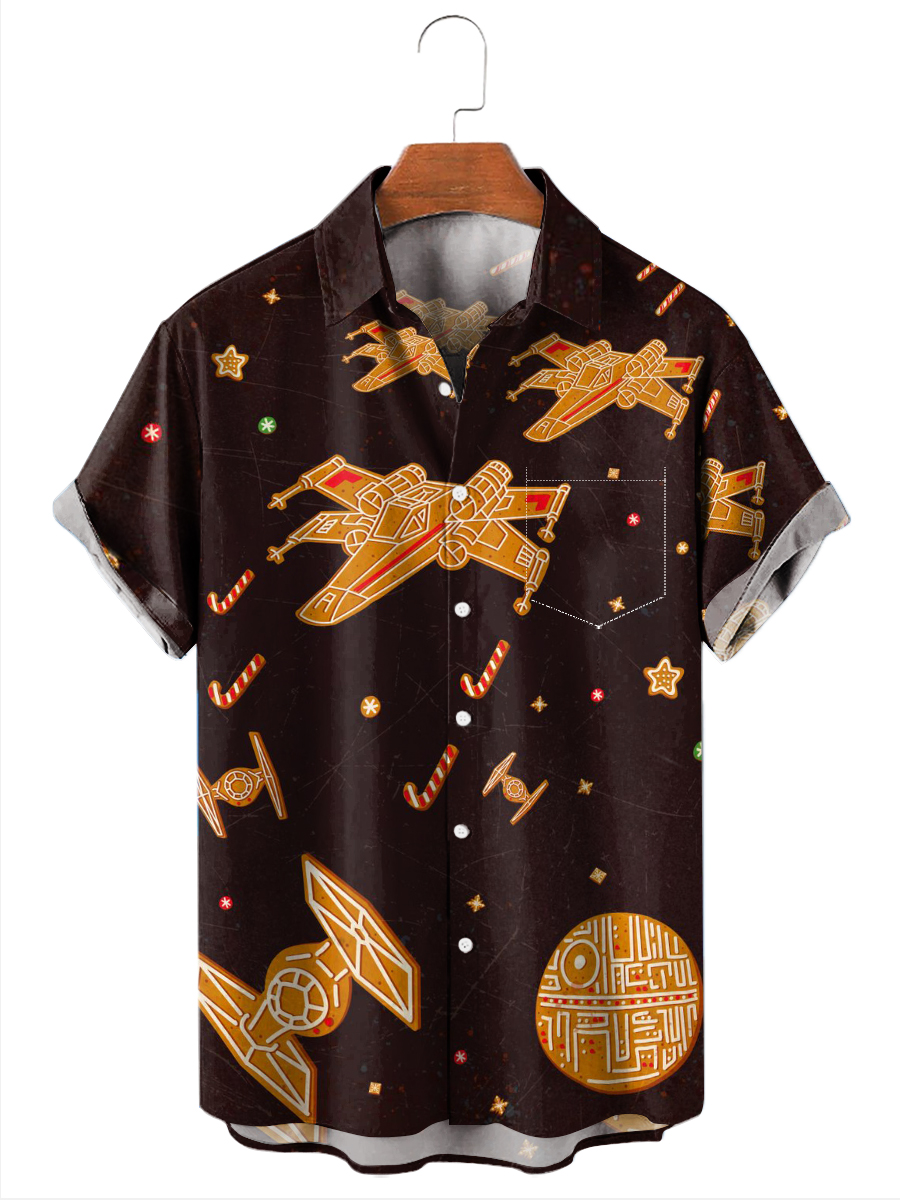Men's Hawaiian Shirts Christmas Space Shuttle Cookies Print Aloha Shirts