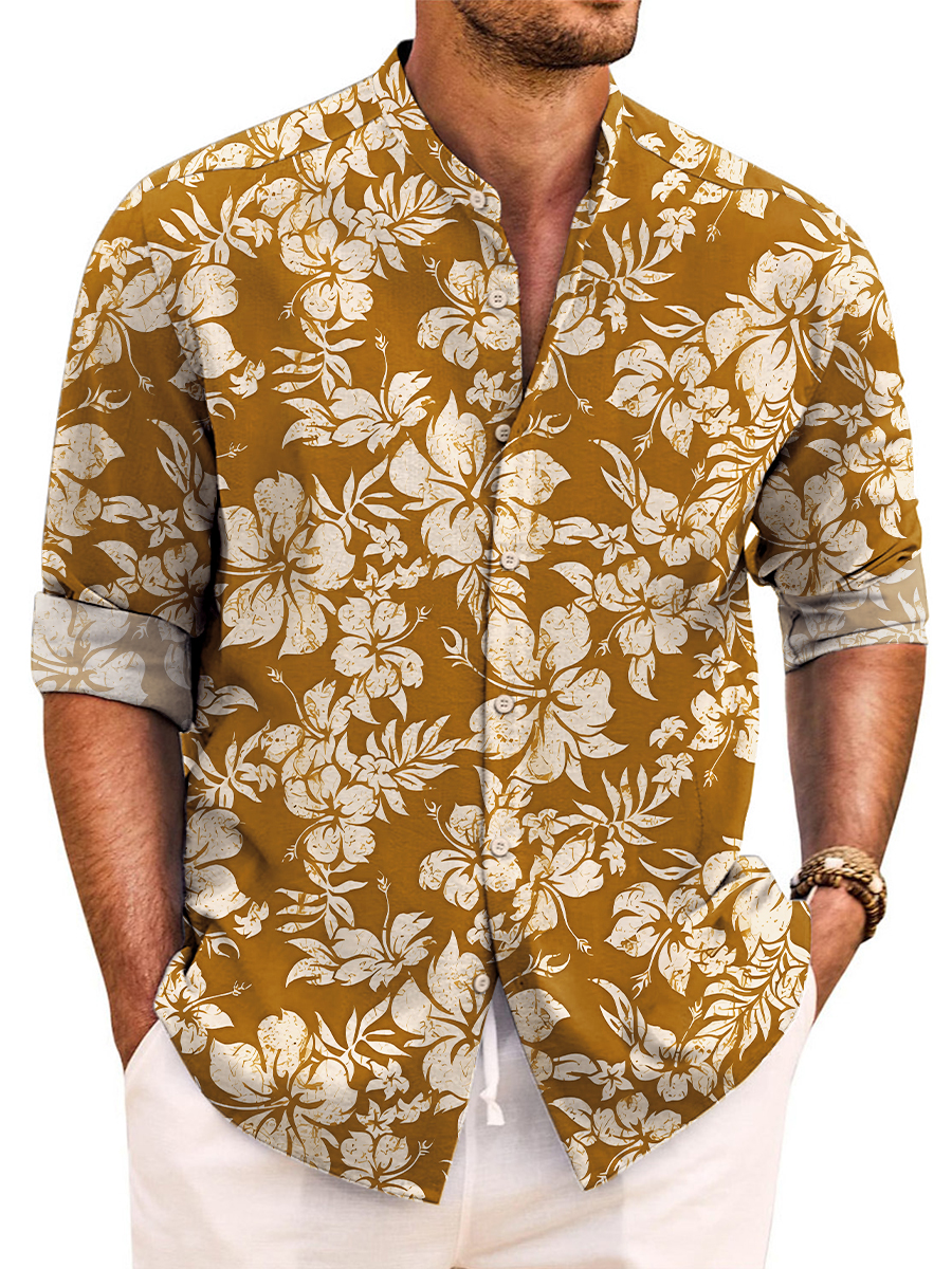 Vintage Hawaiian Shirts Hibiscus Print Easy Care Aloha Long Sleeve Shirts