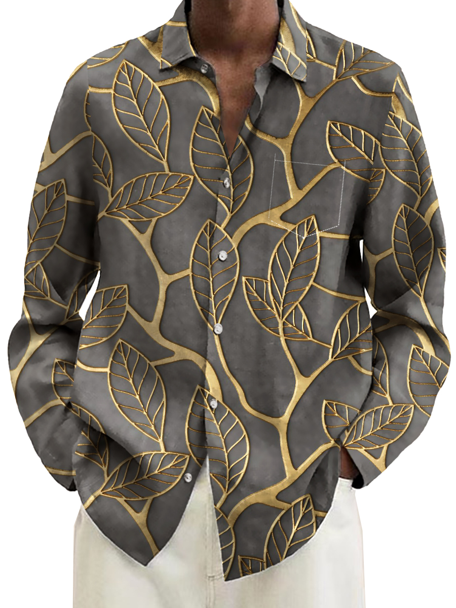 Vintage Botanical Gold Leaf Print Long Sleeve Hawaiian Shirt