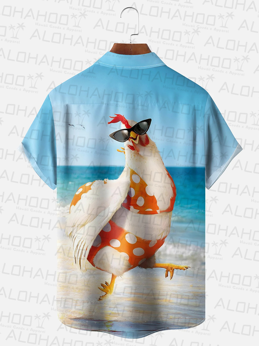 Moisture-wicking Ombre Beach Chicken Chest Pocket Hawaiian Shirt
