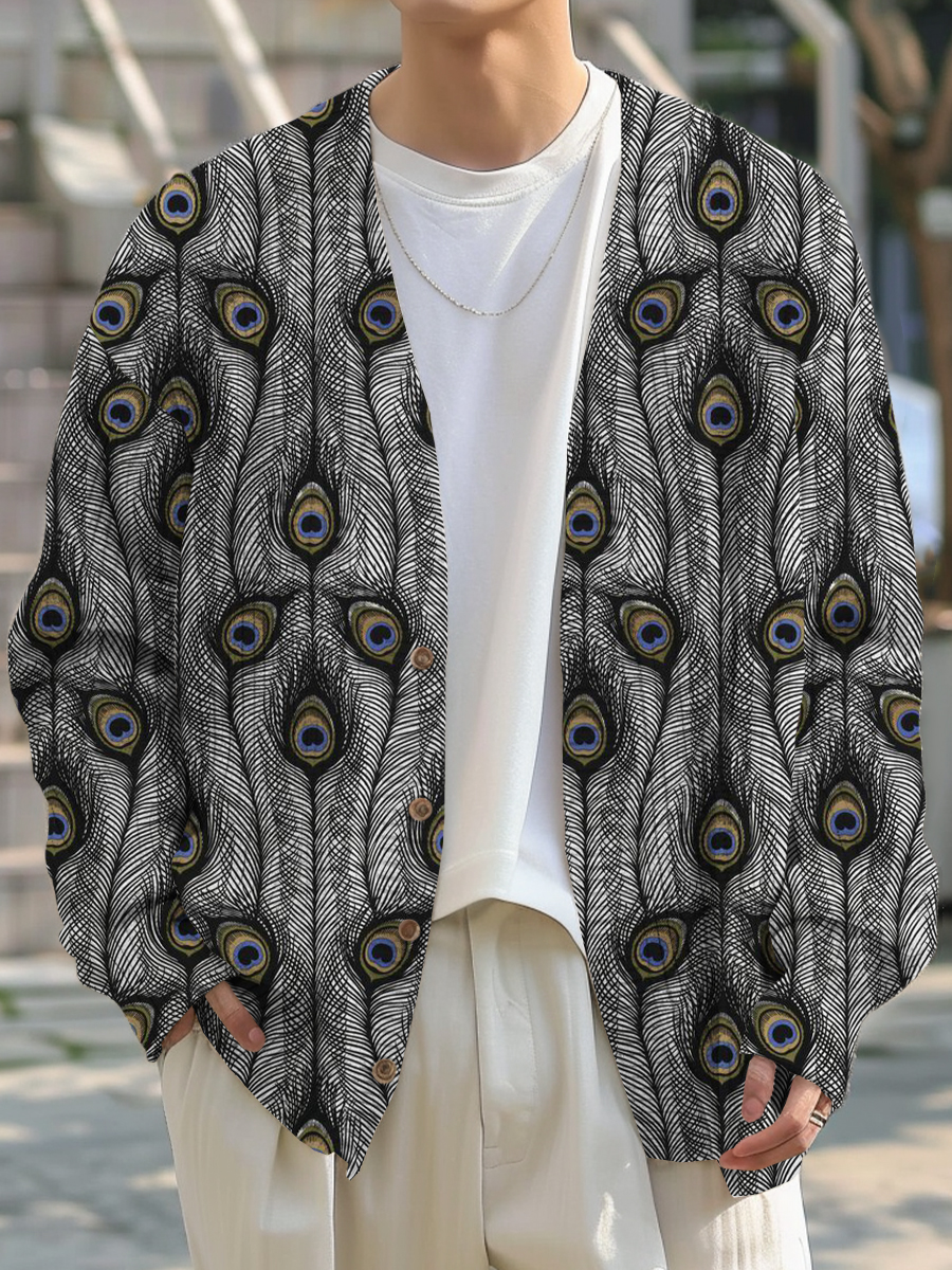 Men's Sweater Stylish Peacock Feather Printed Buttoned Cardigan Sweater