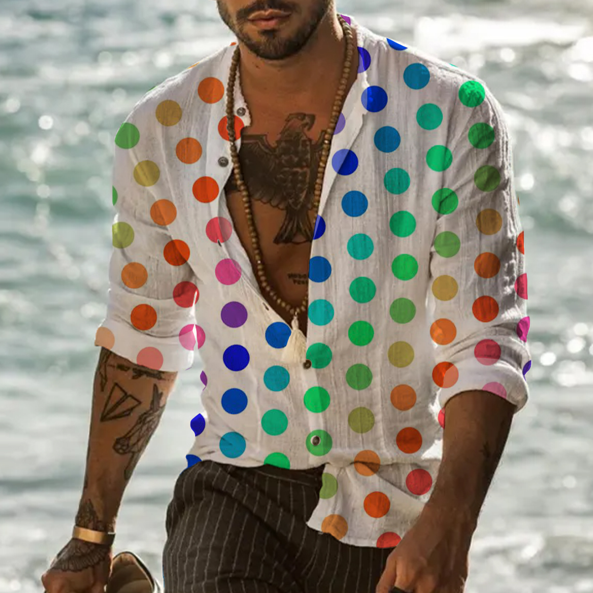 Retro Colorful Polka Dots Pattern Easy Care Aloha Long Sleeve Shirts