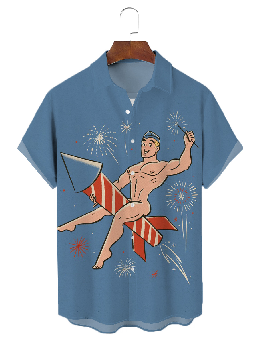 Men's Hawaiian Shirts Funny Happy Independence Day Print Aloha Shirts