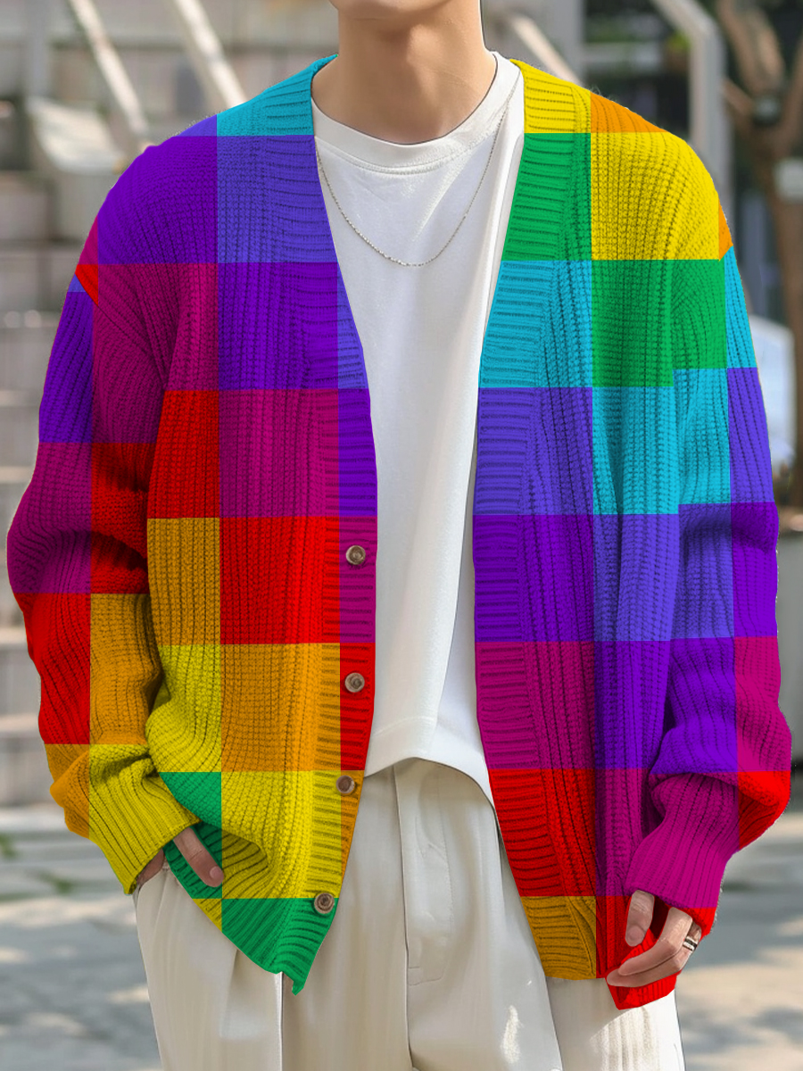 Men's Sweater Rainbow Checked Printed Buttoned Cardigan Sweater