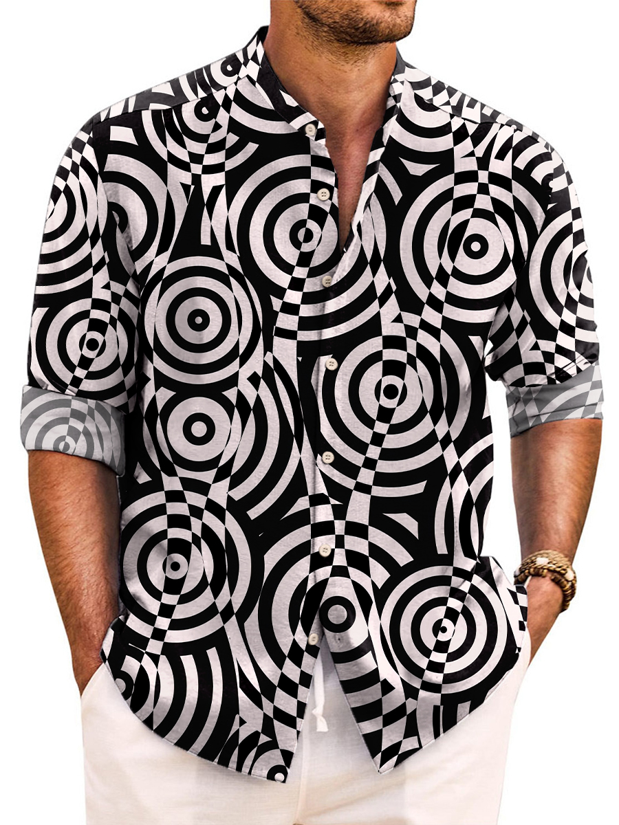 Retro Geometry Print Long Sleeve Band Collar Hawaiian Shirt