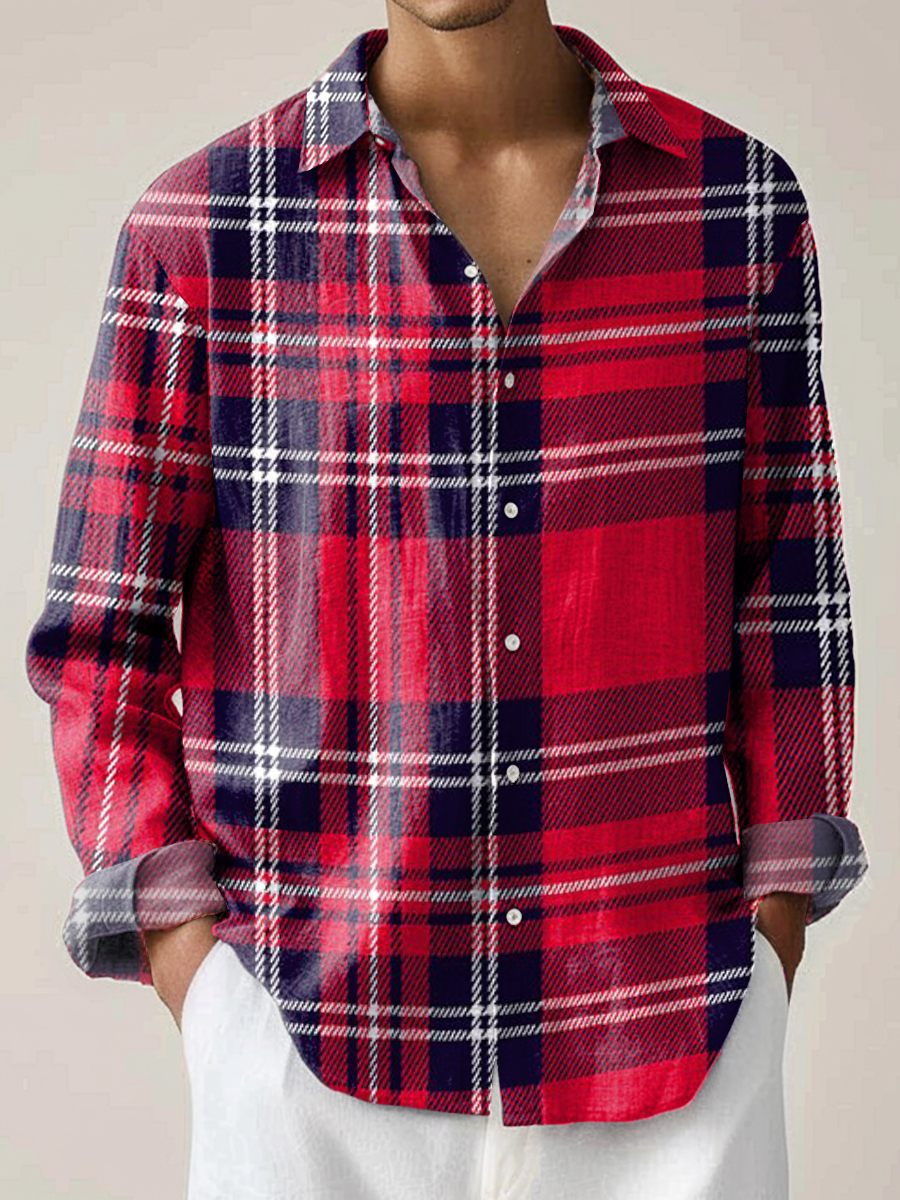 Christmas Red Plaid Print Easy Care Long Sleeve Shirt