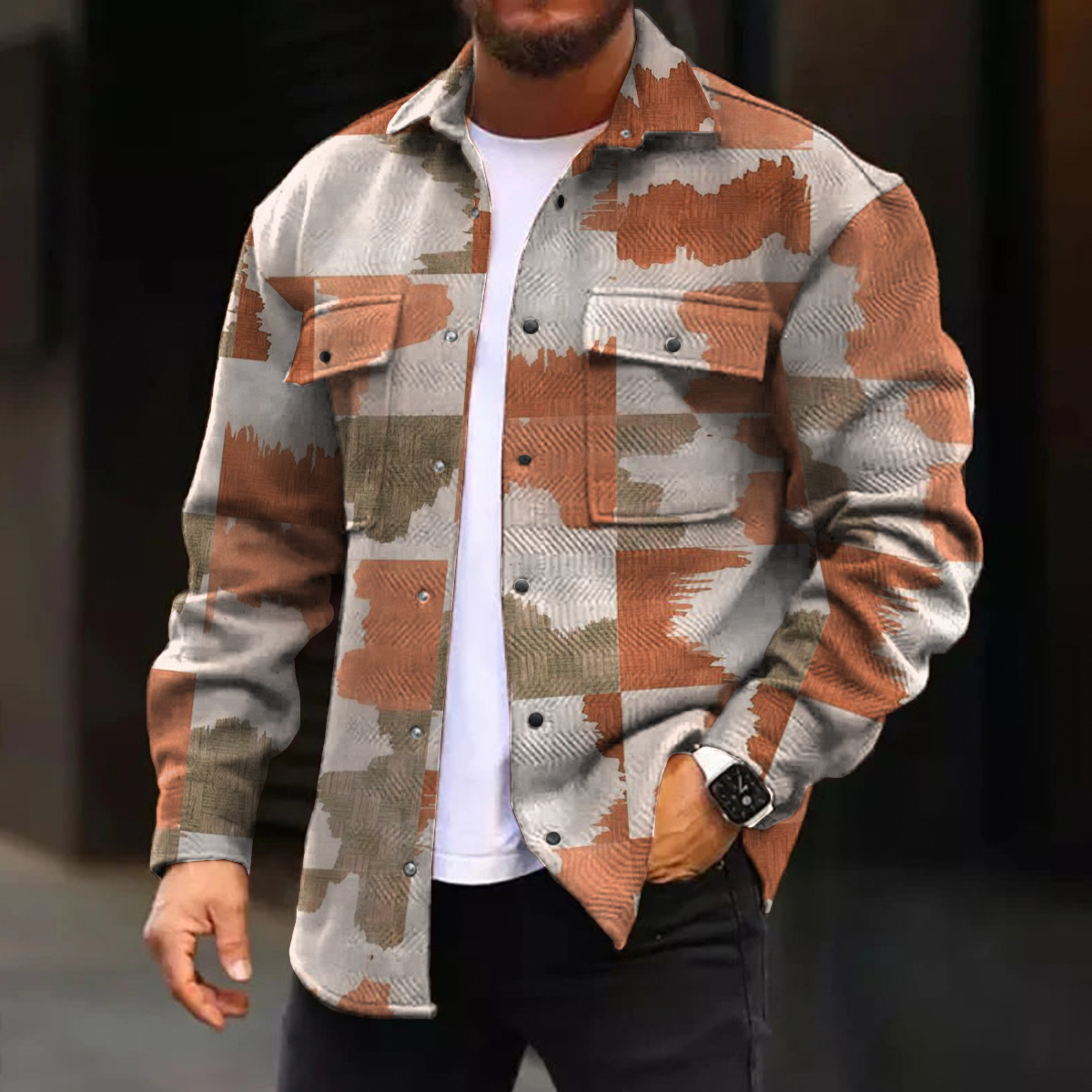 Men's Casual Jacket Retro Geometric Pattern Long Sleeve Pockets Shirt Jacket