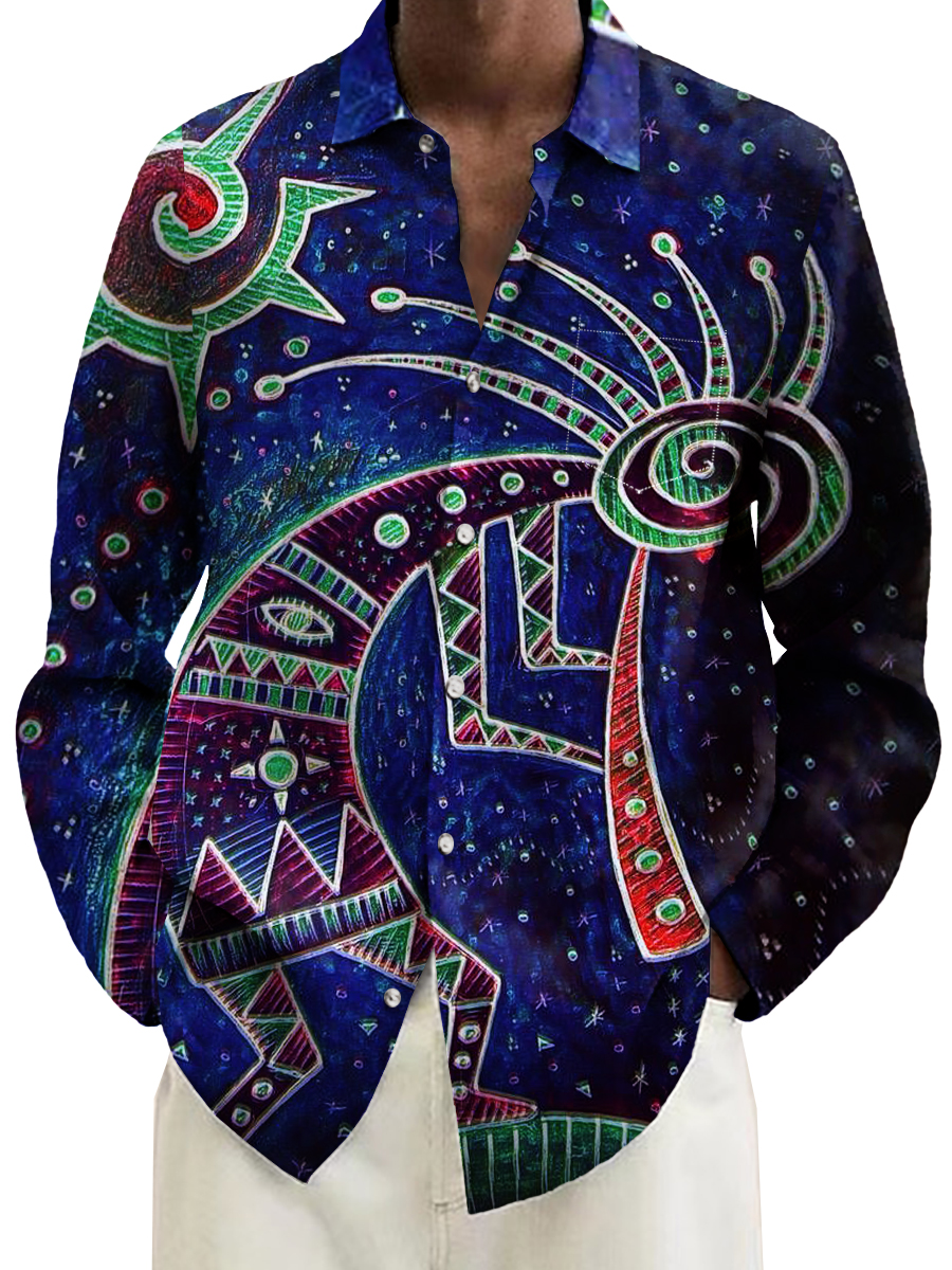 Vintage Hand Drawn Starry Night Kokopelli Pattern Casual Loose Long Sleeved Shirt
