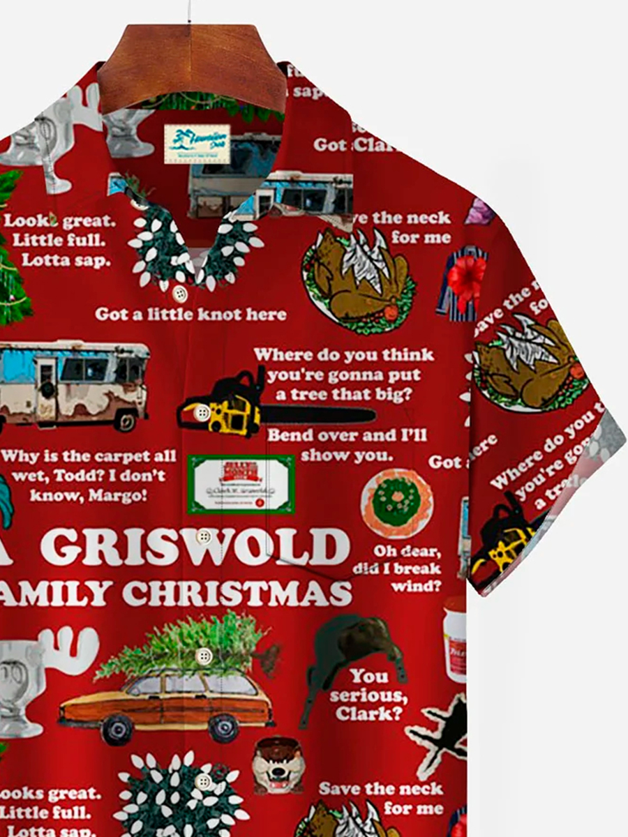 Men's Hawaiian Shirt Stretch Aloha Pocket Christmas Cartoon Camp Shirts