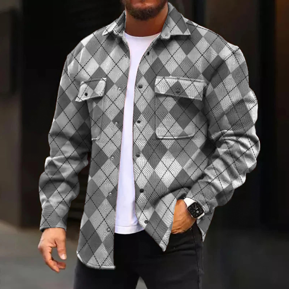 Men's Casual Jacket Stylish Plaid Print Long Sleeve Pockets Shirt Jacket
