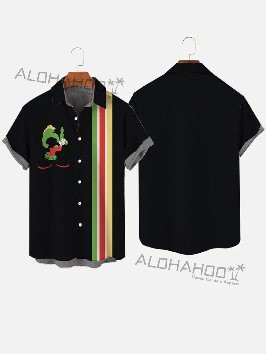 Retro Black And Multicolor Stripes And Cartoon Soldier Print Short Sleeve Shirt