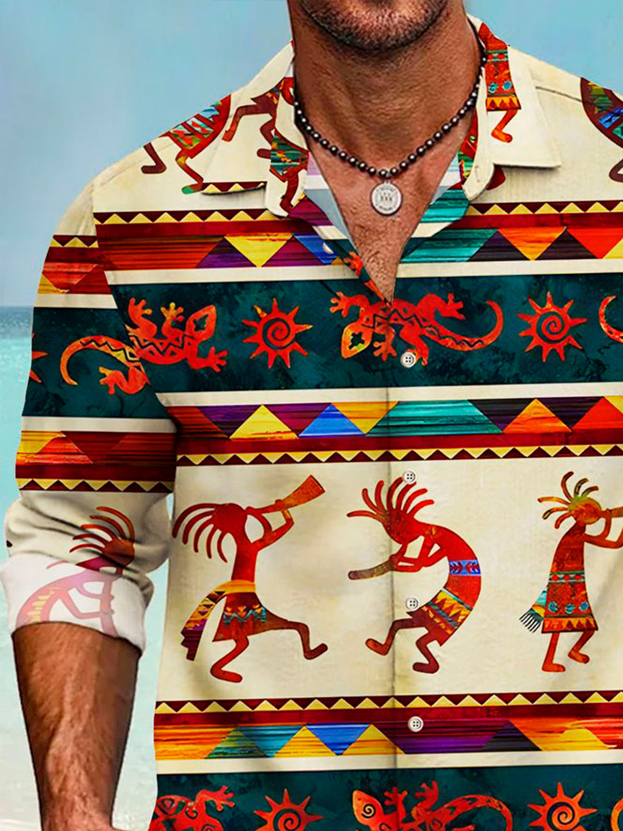 Men's Shirt 50's Vintage Aztec Ethnic Print Vintage Button Pocket Long Sleeve Shirt
