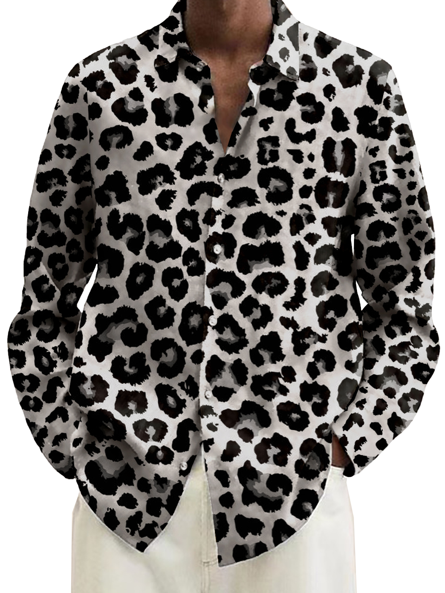 Retro Leopard Pattern Long Sleeve Hawaiian Shirt