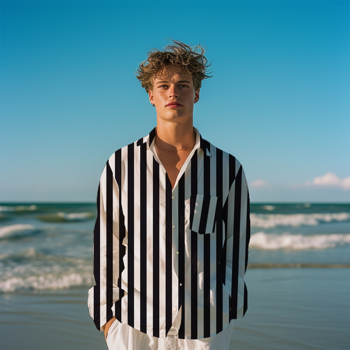 Basic Stripes Pattern Long Sleeve Pocket Hawaiian Shirt