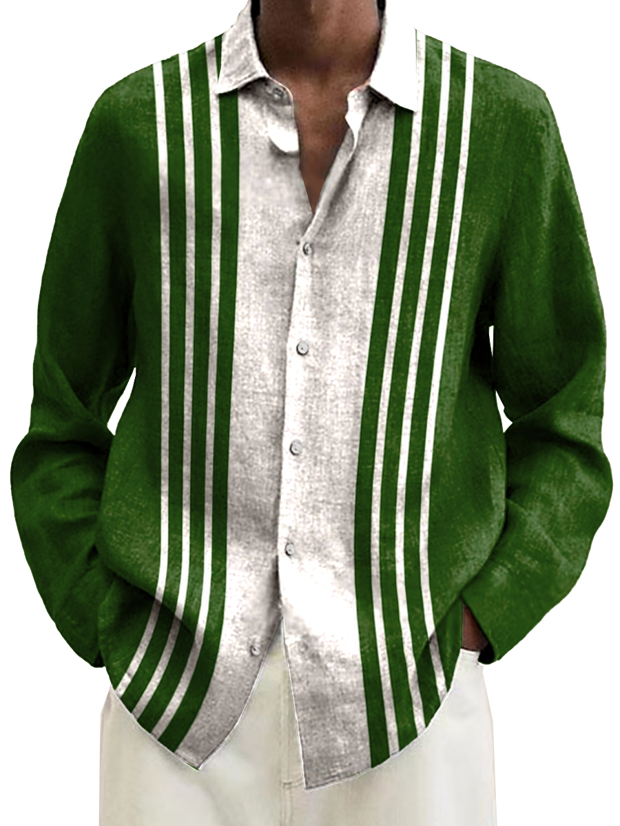Stripes Pattern Bowling Style Long Sleeve Hawaiian Shirt