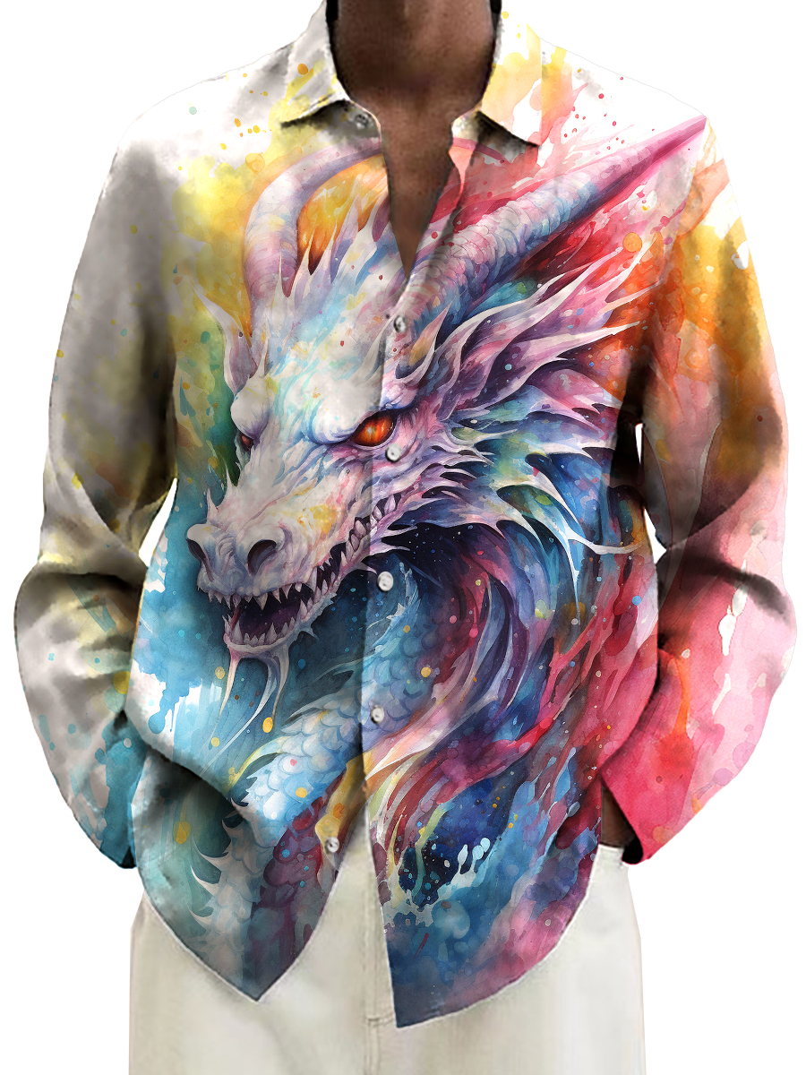 Abstract Ink Colorful Dragon Art Pattern Long Sleeve Hawaiian Shirt