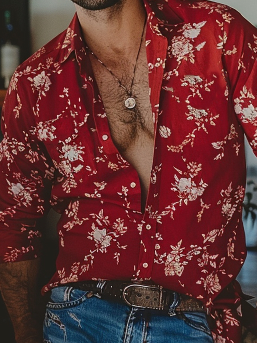 Vacation Red Floral Loose Long Sleeved Shirt