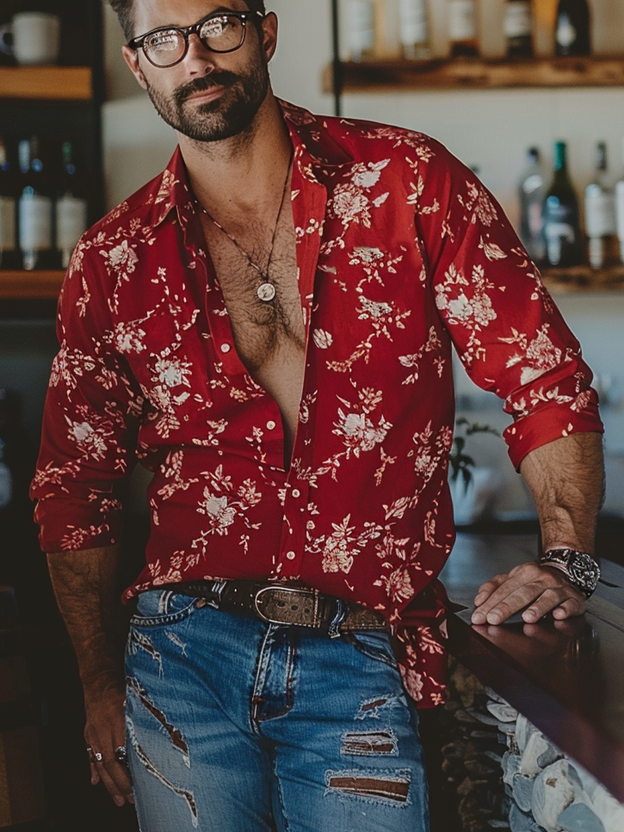 Vacation Red Floral Loose Long Sleeved Shirt