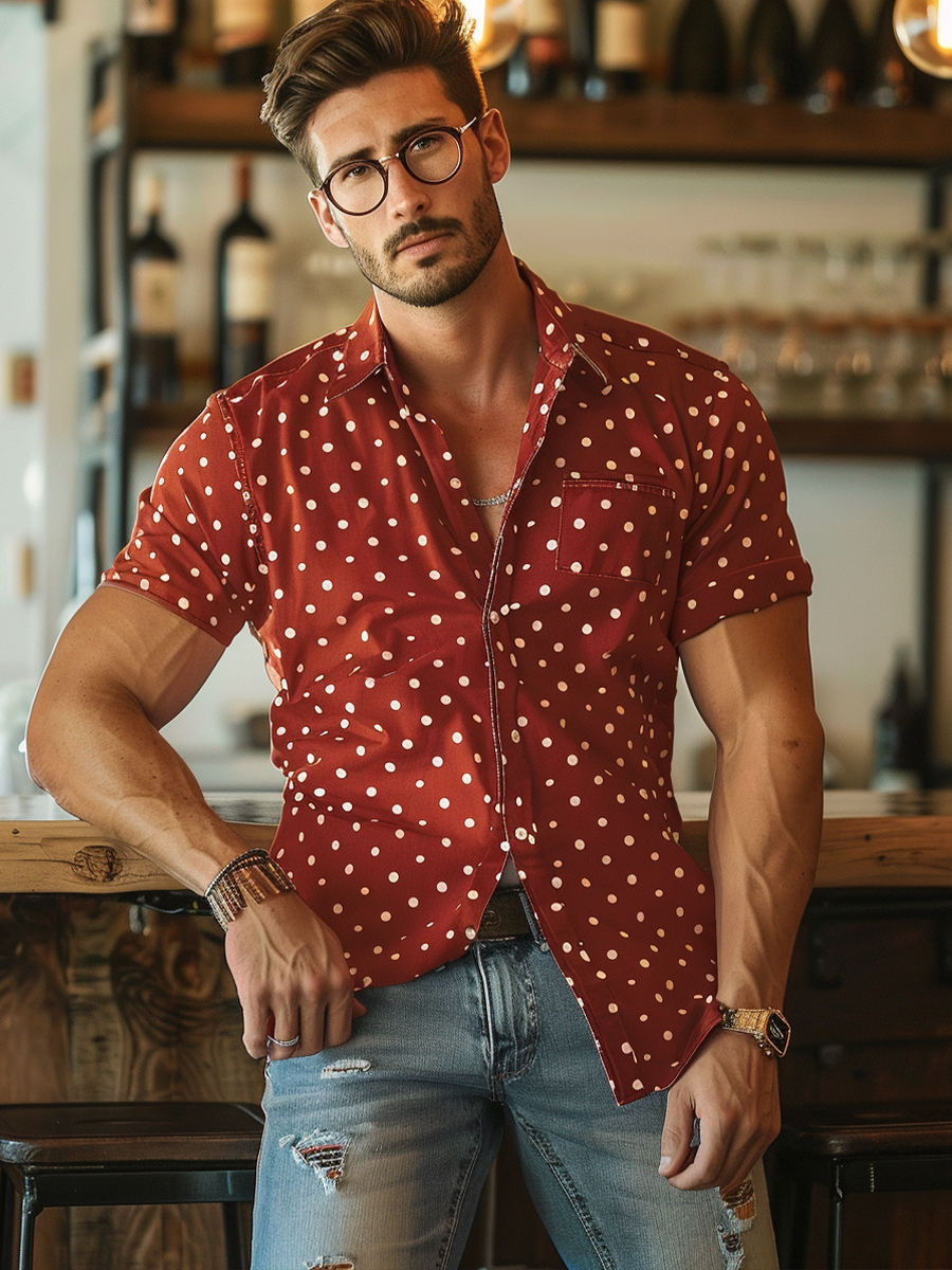 Men's Shirts Daily Red Polka Dots Print Short Sleeve Shirt