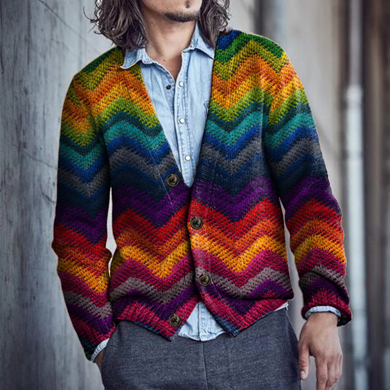 Men's Retro Rainbow Geometry Art Buttoned Cardigan