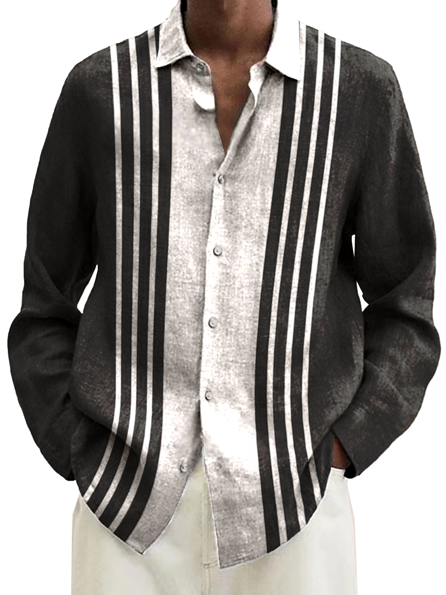 Stripes Pattern Bowling Style Long Sleeve Hawaiian Shirt