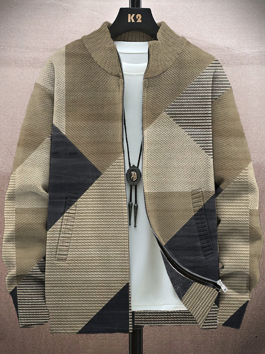 Men's Jacket Vintage Colorblock Geometry Print Long-Sleeved Zip Cardigan Jacket