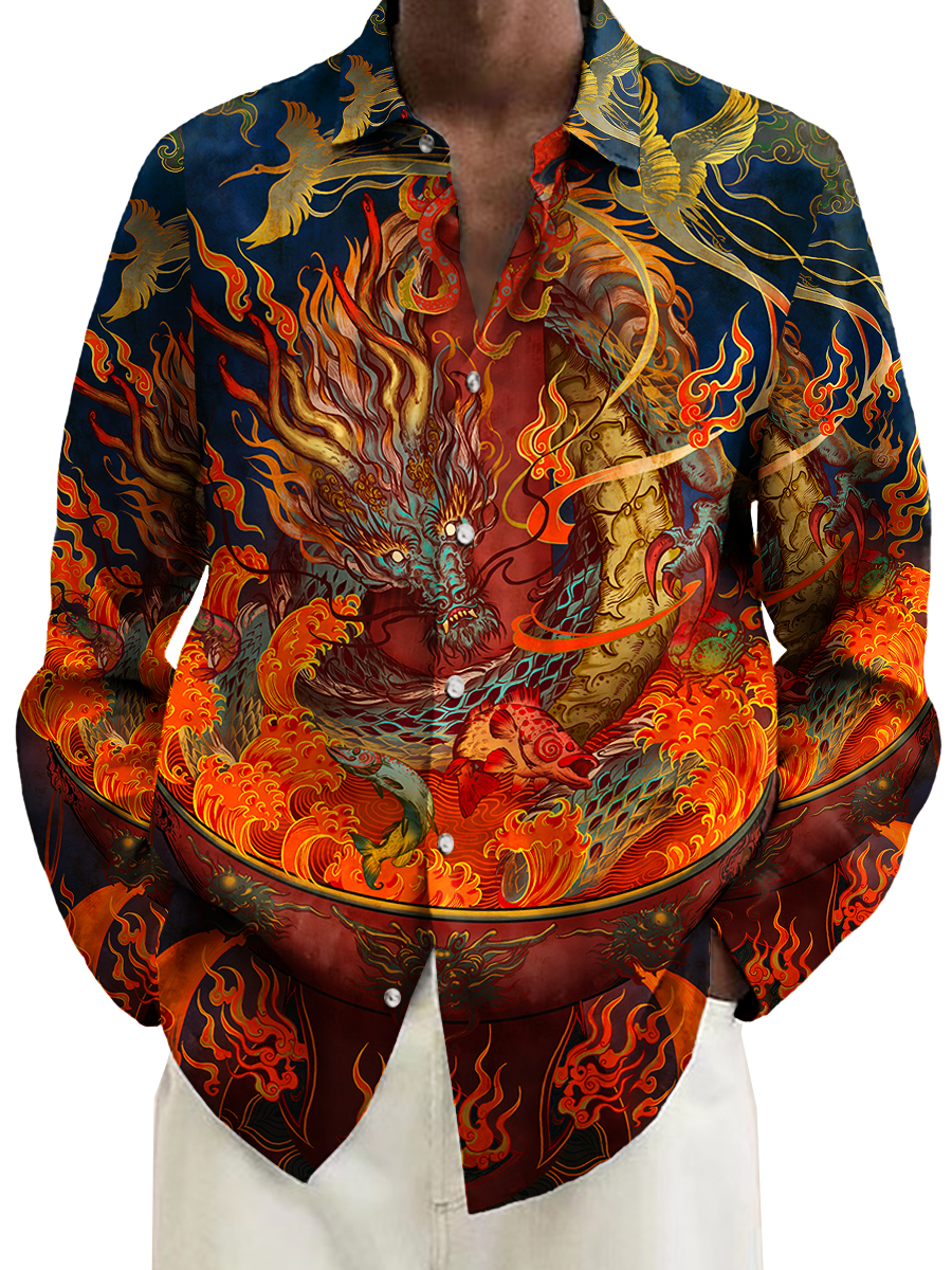 Retro Dragon Hot Pot Pattern Long Sleeve Hawaiian Shirt