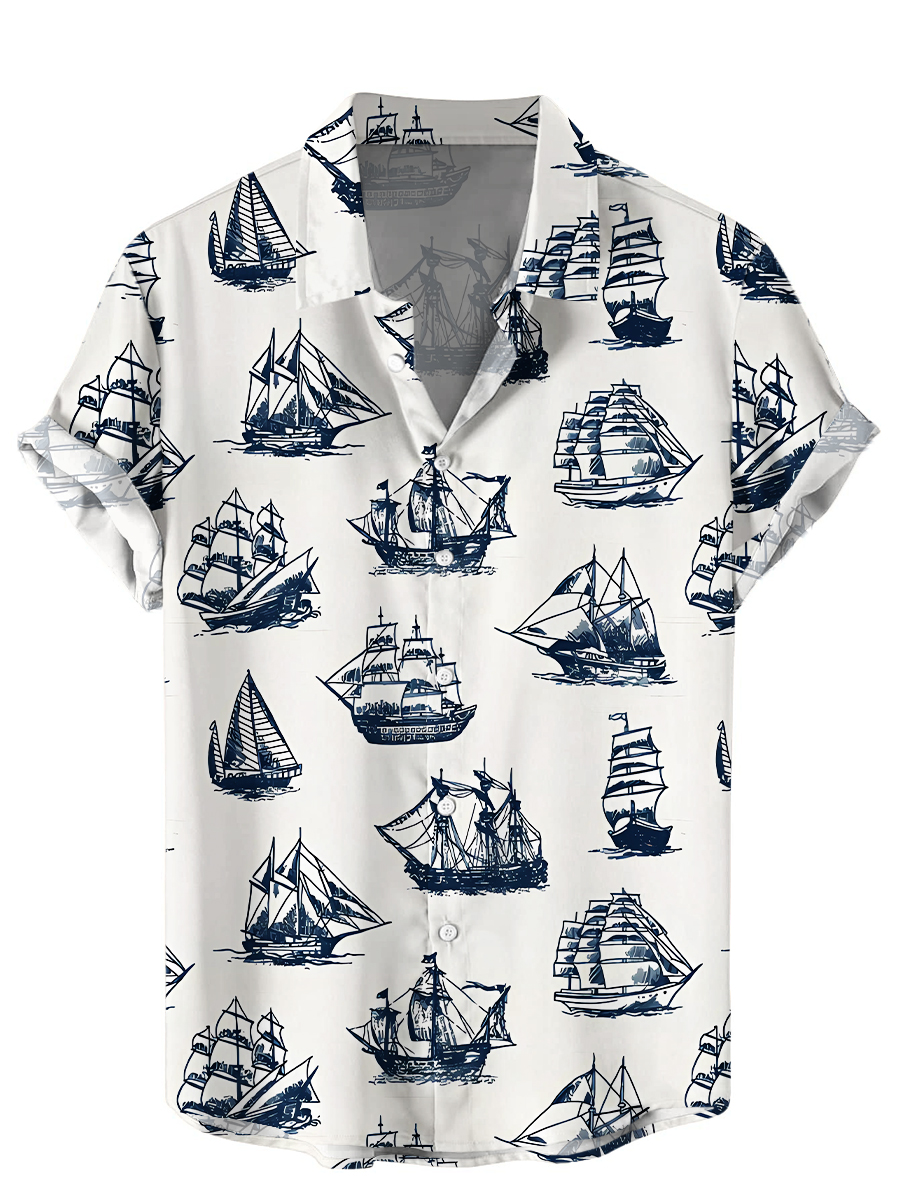 Men's Hawaiian Shirt Retro Nautical Boat Print Short Sleeve Shirt