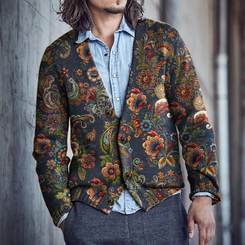 Men's Retro Paisley Print Buttoned Cardigan