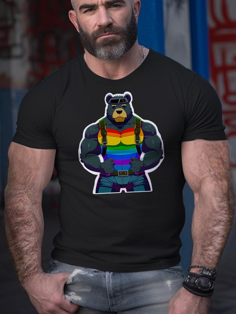 Men's LGBT Leatherbound Rainbow Bruiser Muscular Gay Bear Harness Casual Print T-Shirt