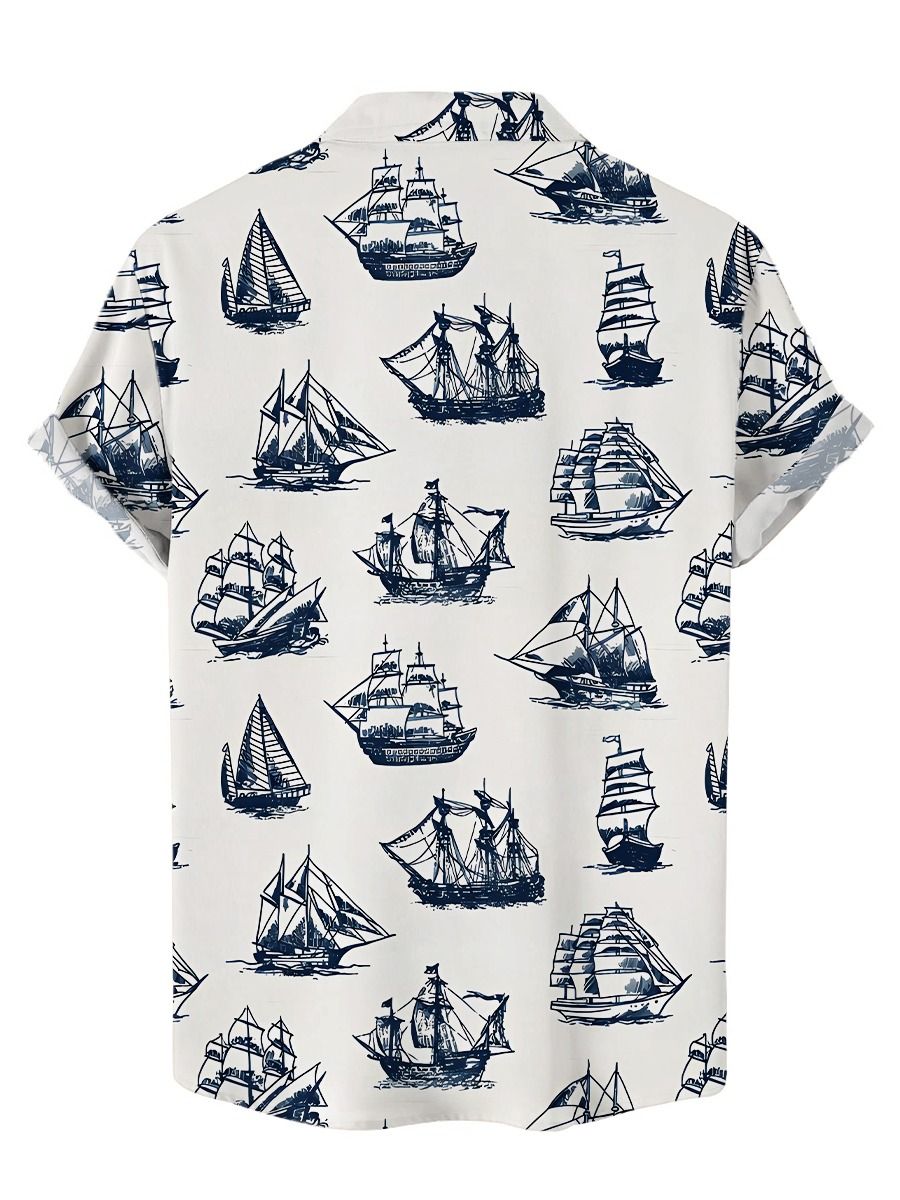 Men's Hawaiian Shirt Retro Nautical Boat Print Short Sleeve Shirt