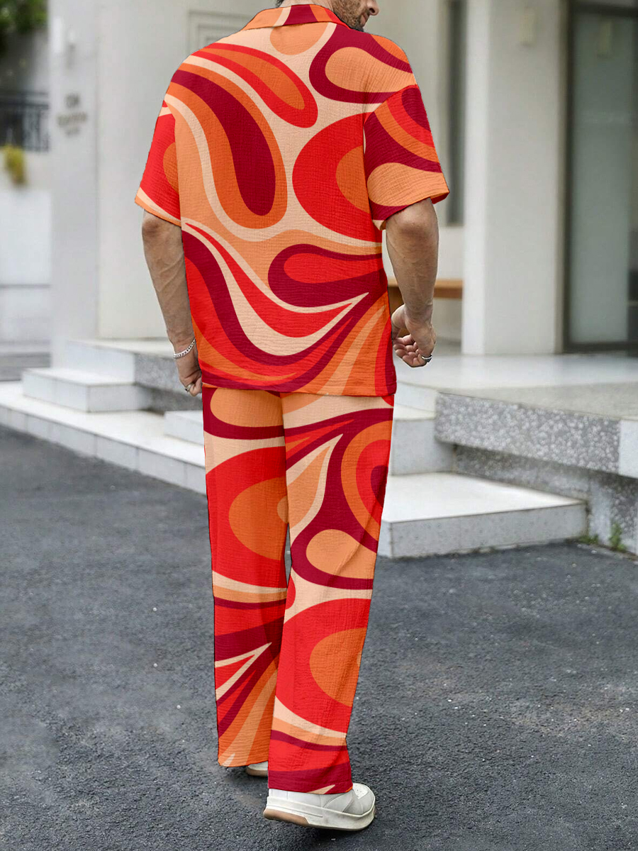 Men's Sets Geometry Art Print Button Down Wrinkle Free Seersucker Two-Piece Shirt Shorts