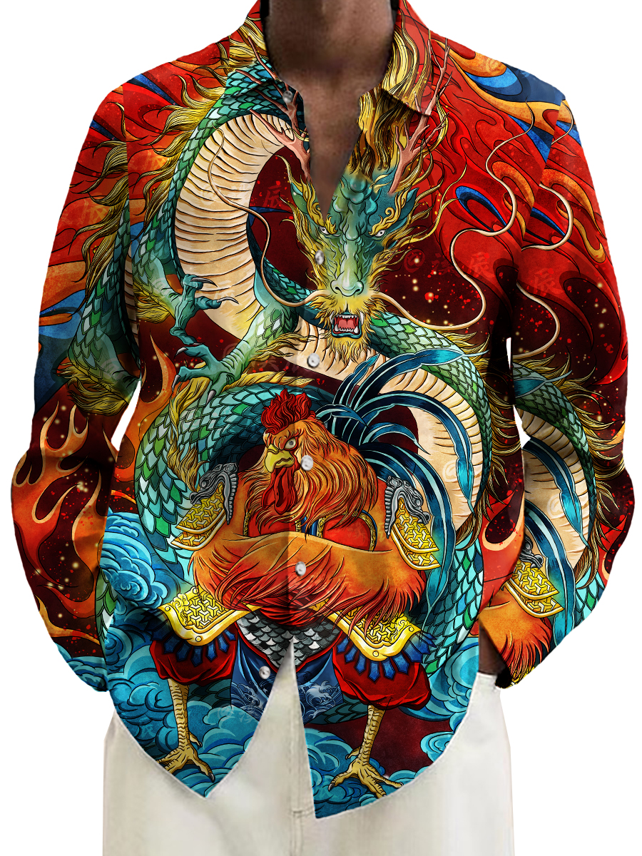 Retro Dragon Cock Pattern Long Sleeve Hawaiian Shirt