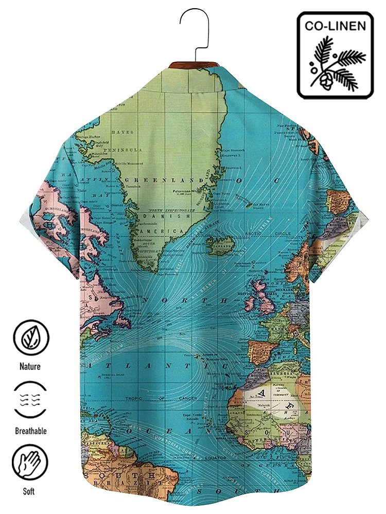Men's Cotton-Linen Shirt World Map Print Breathable Plus Size Shirts
