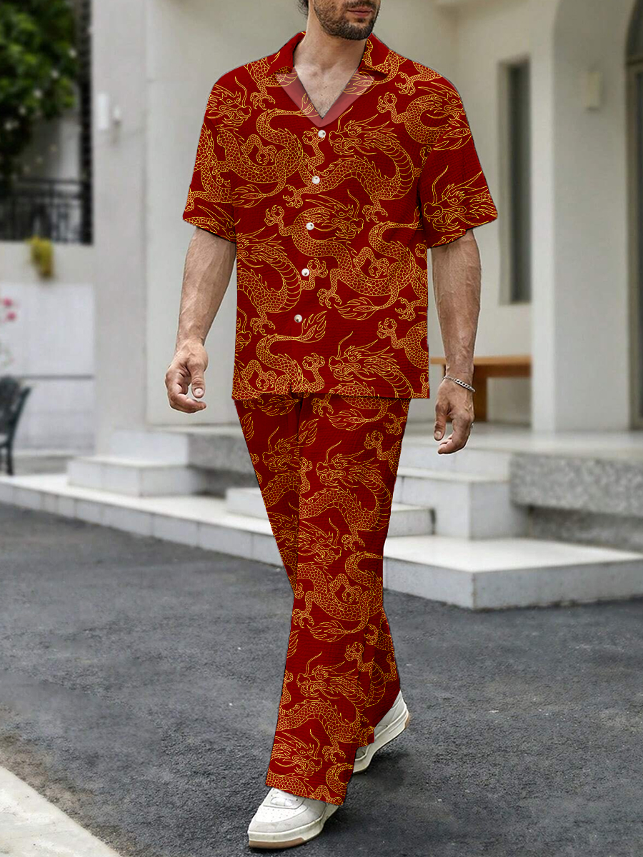 Men's Sets Japanese Style Dragon Print Button Down Wrinkle Free Seersucker Two-Piece Shirt Shorts