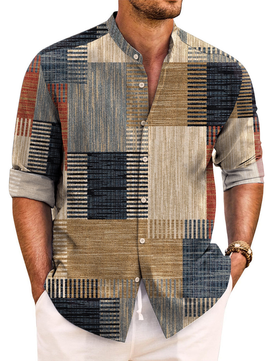 Retro Colorblock Print Long Sleeve Band Collar Hawaiian Shirt