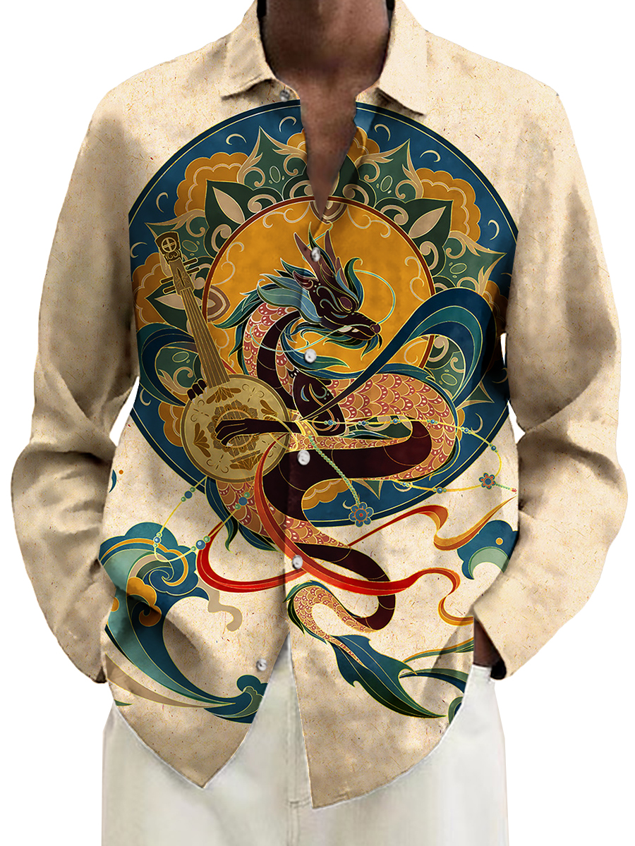 Retro Dragon Pattern Long Sleeve Hawaiian Shirt