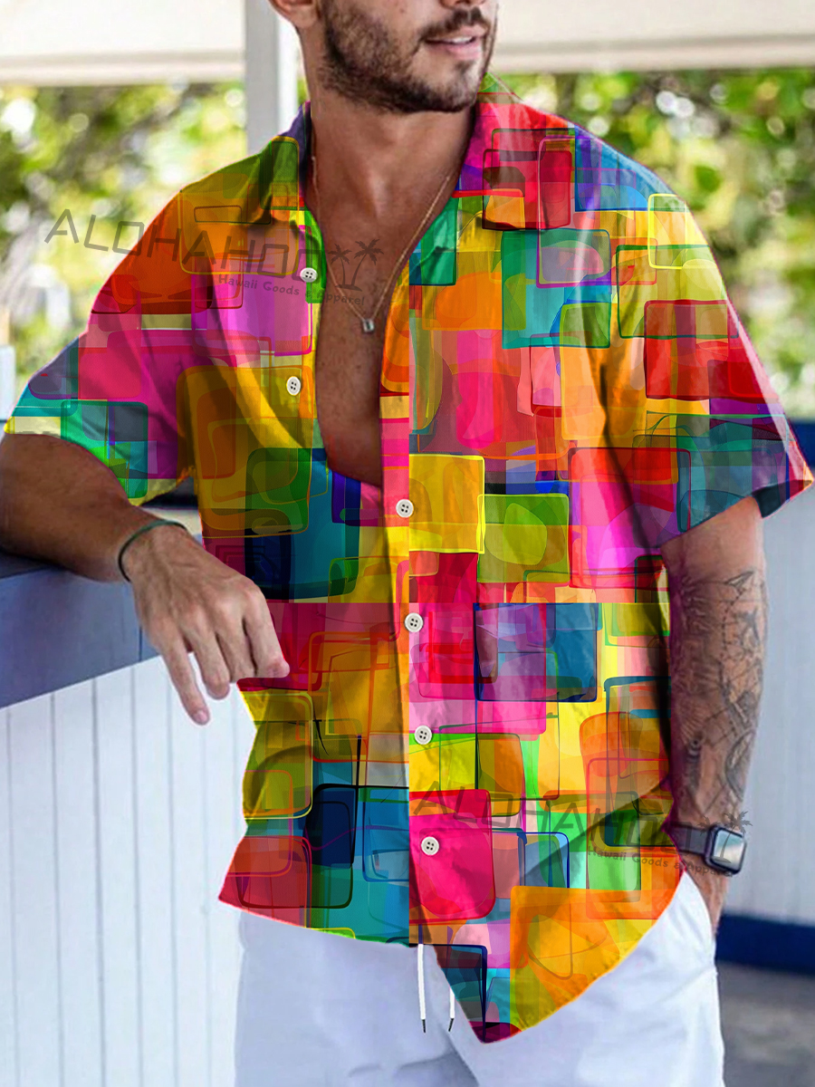 Alohahoo X Artist Pride Rainbow Geometry Pattern Short-Sleeved Hawaiian Shirt