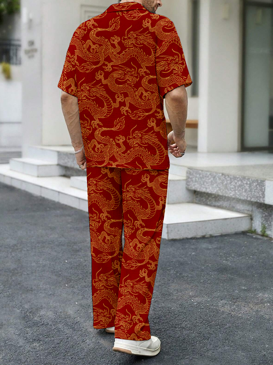 Men's Sets Japanese Style Dragon Print Button Down Wrinkle Free Seersucker Two-Piece Shirt Shorts