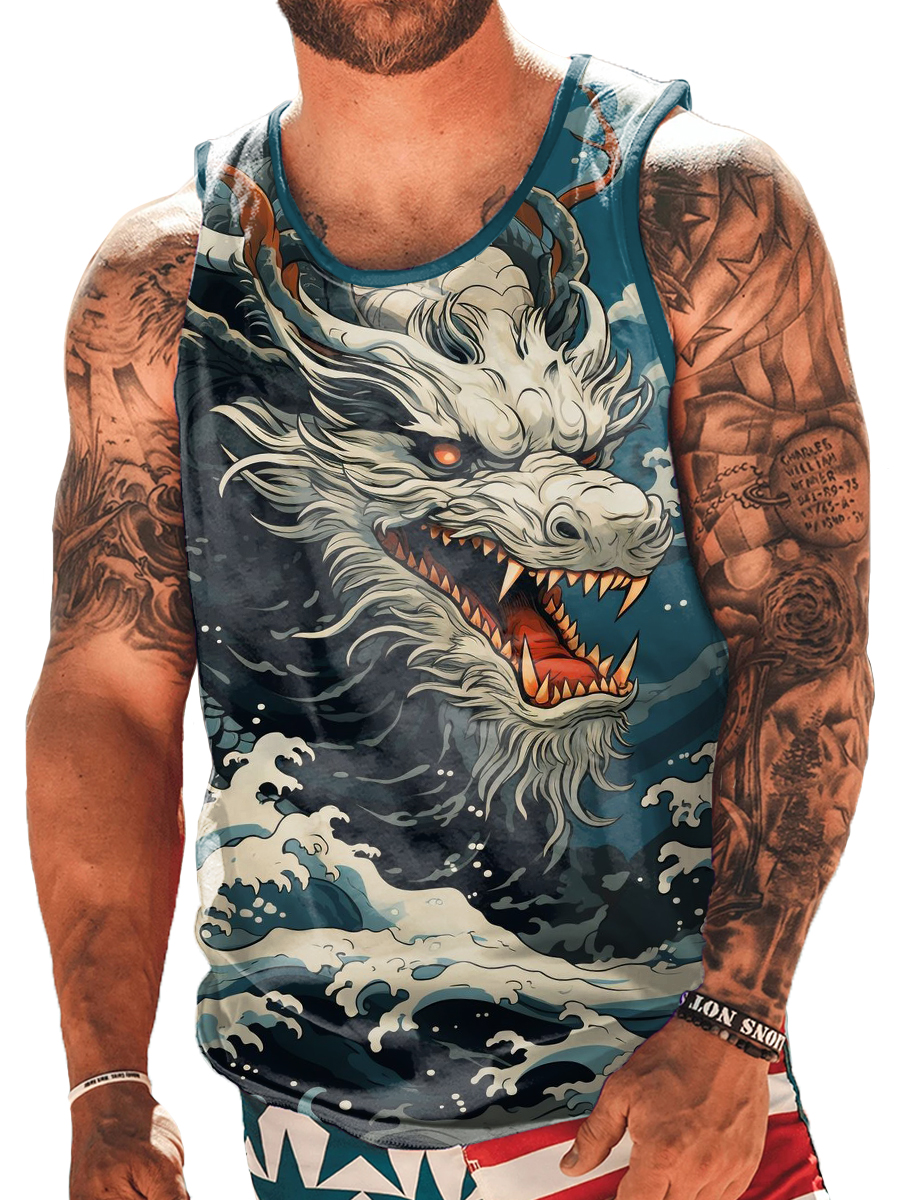 Men's Tank Top Watercolor Dragon Print Crew Neck Tank T-Shirt