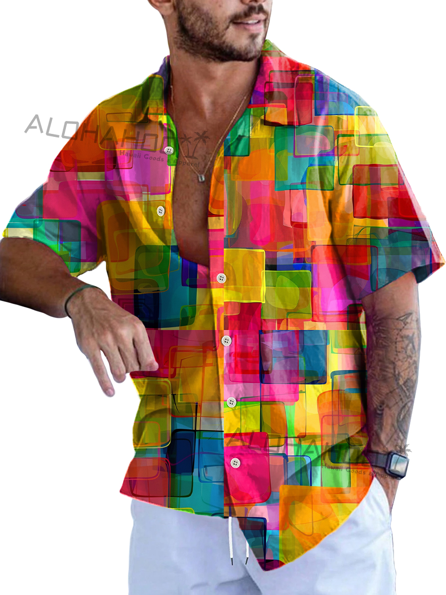 Alohahoo X Artist Pride Rainbow Geometry Pattern Short-Sleeved Hawaiian Shirt