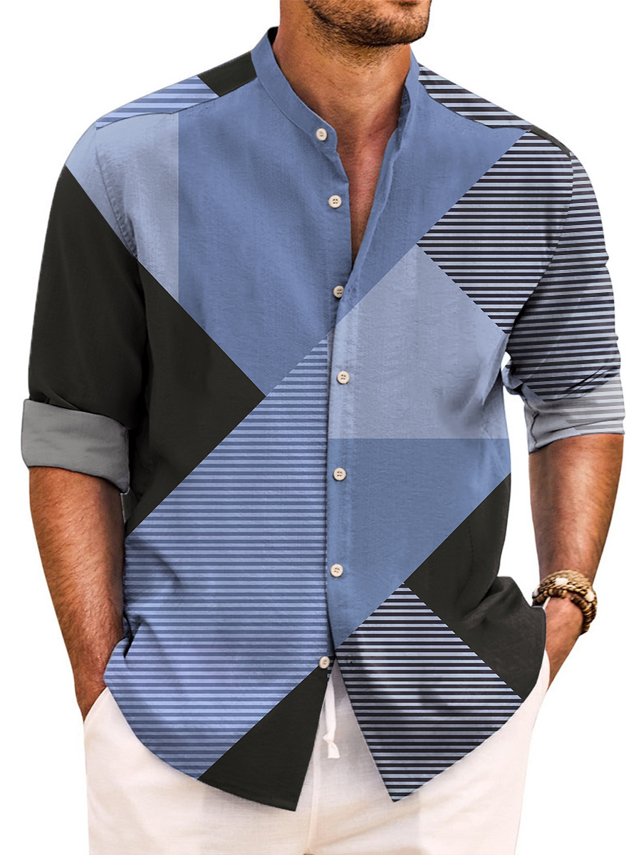 Retro Colorblock Geometry Print Long Sleeve Band Collar Hawaiian Shirt