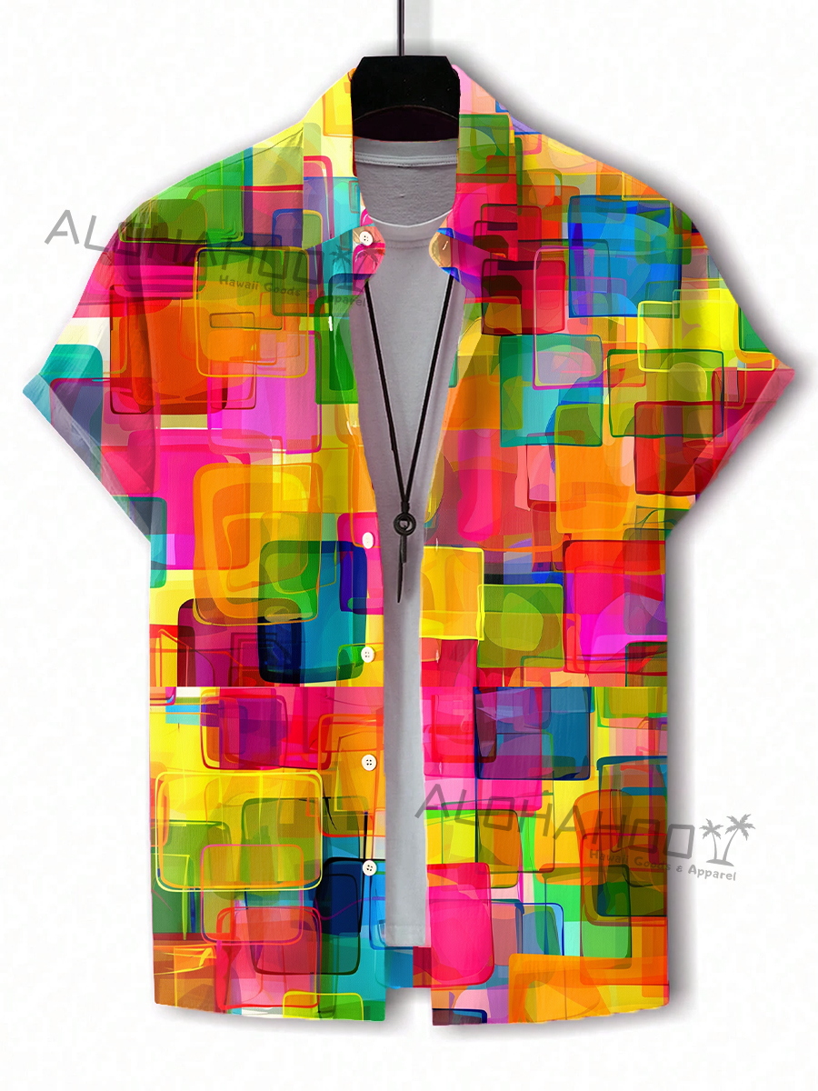 Alohahoo X Artist Pride Rainbow Geometry Pattern Short-Sleeved Hawaiian Shirt