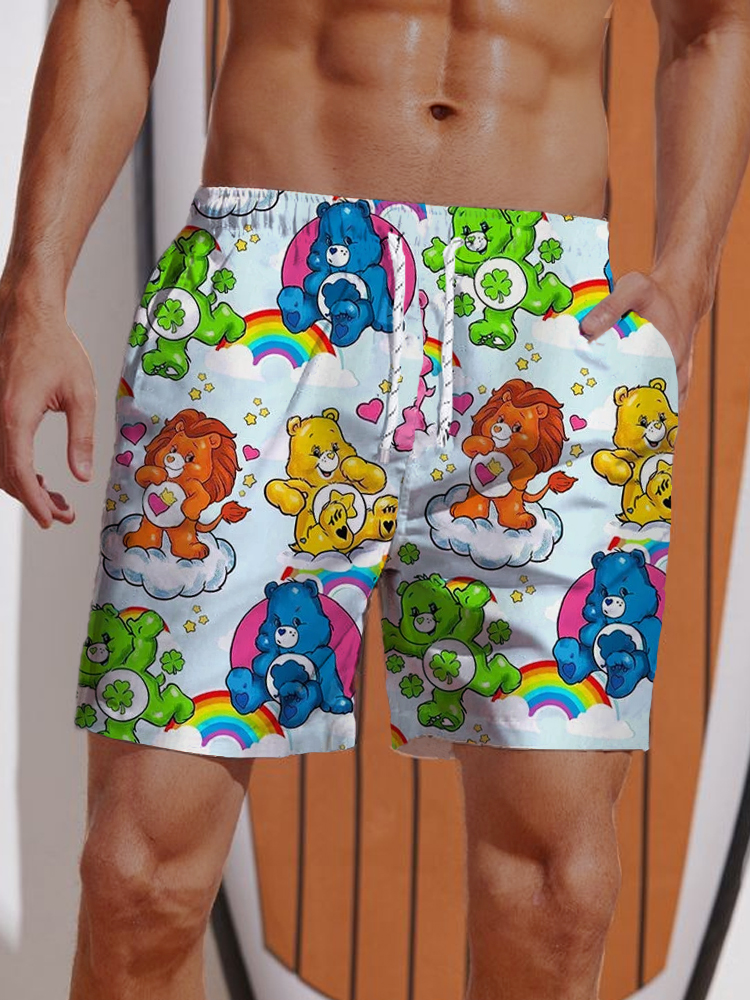 Cartoon Rainbow Bears With Different Elements Hippie Printing Shorts