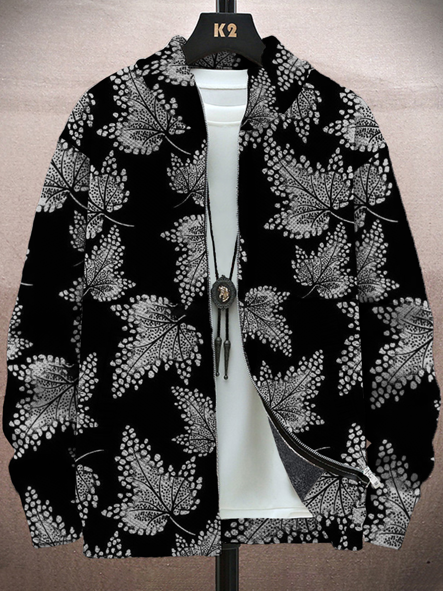 Men's Jacket Vintage Leaves Print Long-Sleeved Zip Cardigan Jacket